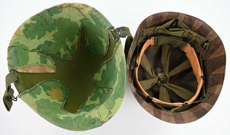 US Vietnam War Infantry helmet with camouflage cover and attached content