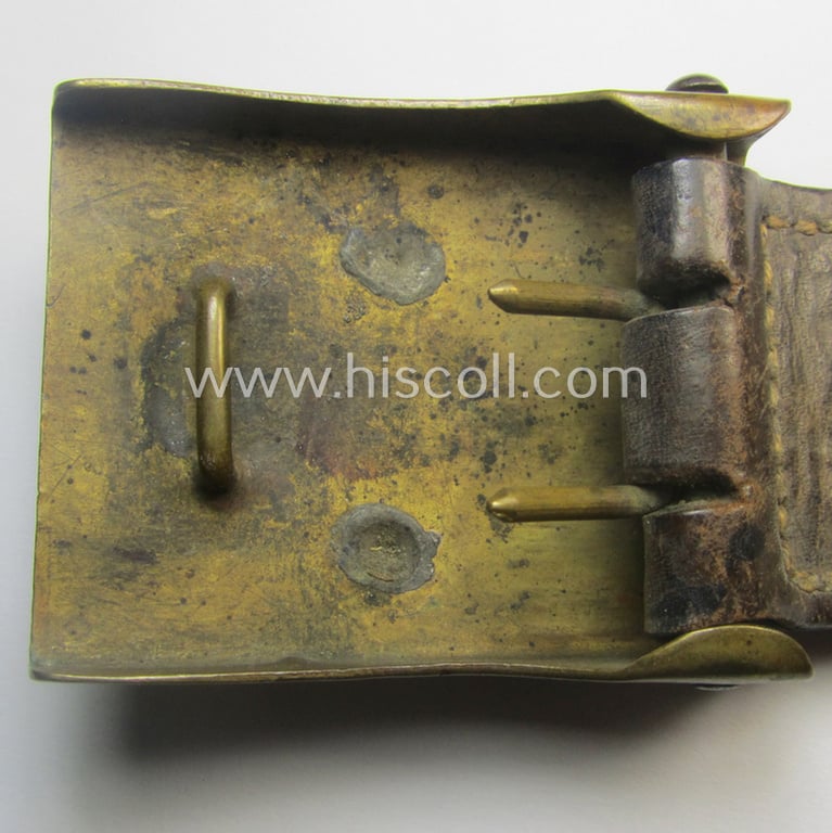 WWI-period (ie. 'Bayern'-related), copper- (ie. nickle-crome-) based EM/NCO-type belt-buckle being a moderately used example that comes mounted onto its maker- (ie. 'AWM 19 00'-) marked leather-based tab