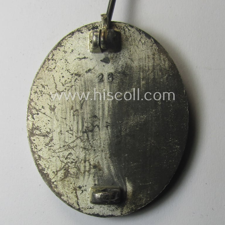 'Verwundeten-Abzeichen in Silber' being a clearly maker- (ie. '26'-) marked- and typical zinc- (ie. 'Feinzink'-) based example as was produced by the desirable maker: 'B.H. Mayer's Kunstprägeanstalt'