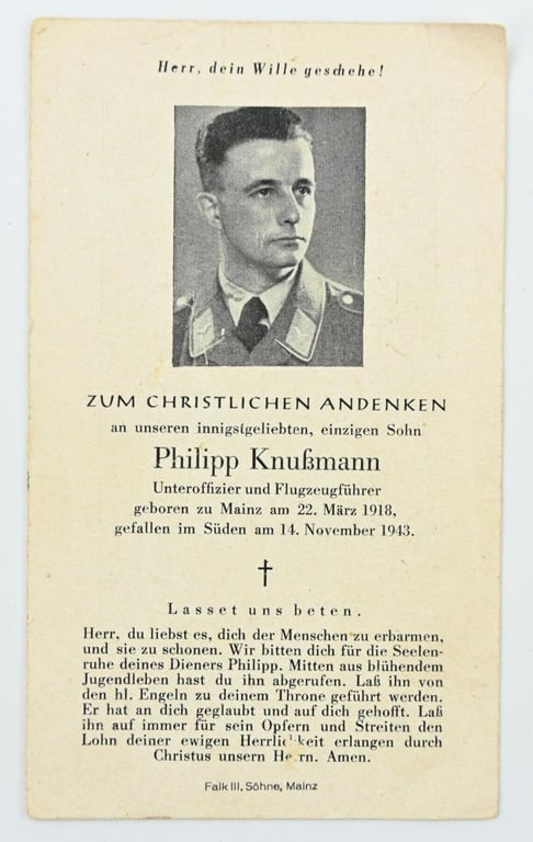 German Luftwaffe Deathcard and picture of  'Philipp Knussmann'