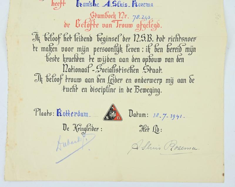 Dutch NSB Certificate 'Oorkonde Gelofte van Trouw'