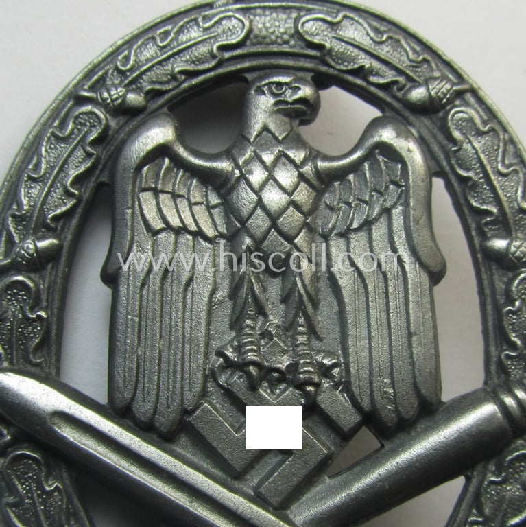Superb, 'Allgemeines Sturmabzeichen' (or: general assault-badge ie. GAB) being a maker- (ie. 'ÜÜ'- ie. 'E.F. Wiedmann') marked so-called: 'Lily Pad-hinge'-example as was executed in zinc-based metal