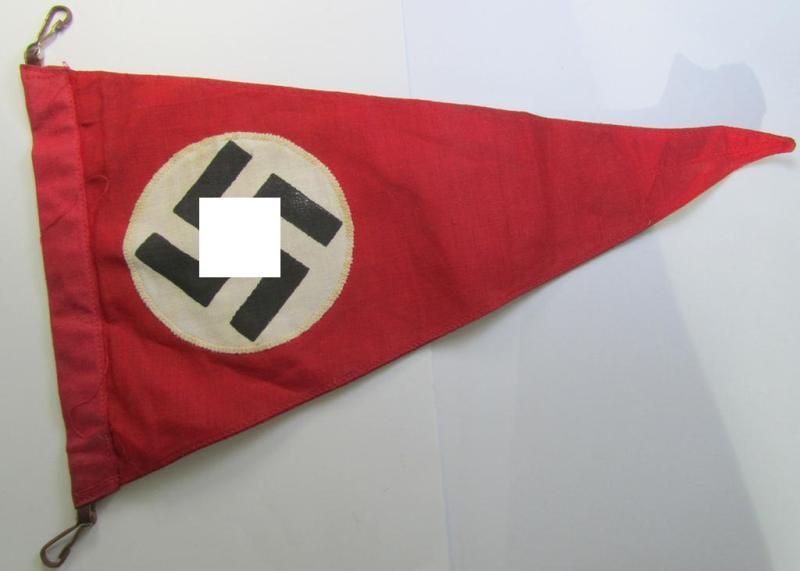 Attractive, medium-sized N.S.D.A.P.-related so-called: 'Fahrradfahne' (being fabricated in typical, linnen-based- and/or printed fabric) and that comes in an overall nice, albeit moderately used, condition)