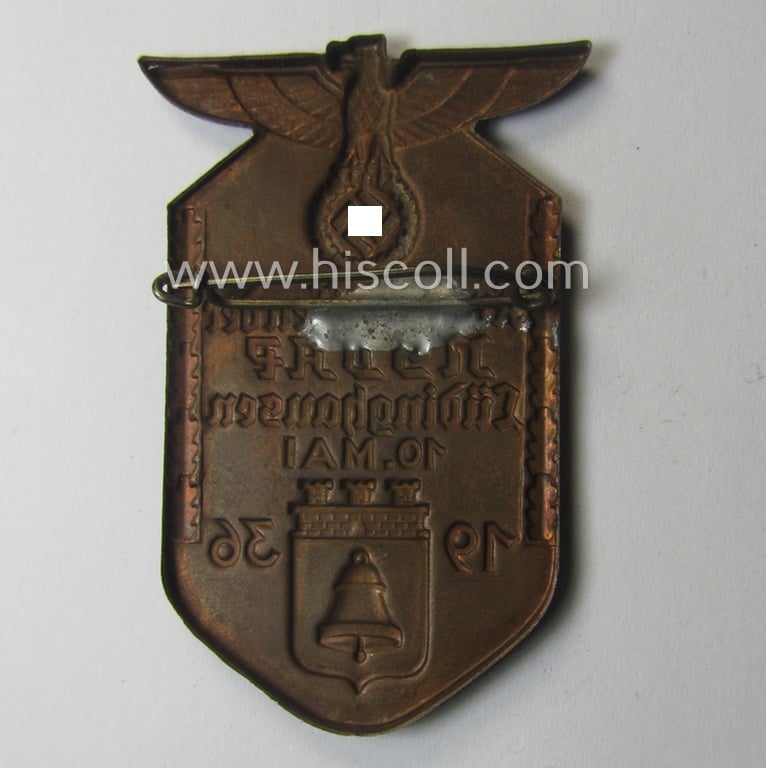 Commemorative - and unusually seen! - N.S.D.A.P.-related 'tinnie', being a non-maker marked example depicting a detailed 'Reichsadler'-device and towns'-shield surrounded by the text: 'Kreistreffen der N.S.D.A.P. - Lüdinghausen - 10. Mai 1936'