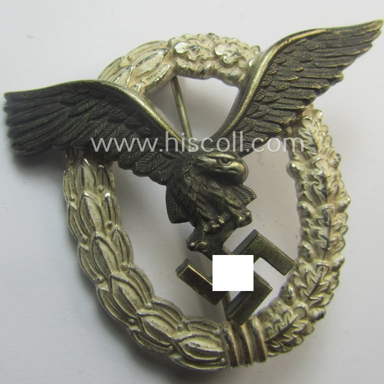 Superb, WH (Luftwaffe) 'Flugzeugführer-Abzeichen' (or: pilots'-badge) being a neatly maker- (ie. 'GWL'-) marked- and/or: 'Buntmetall'-based example as was produced by the maker: 'Gebrüder Wegerhoff'