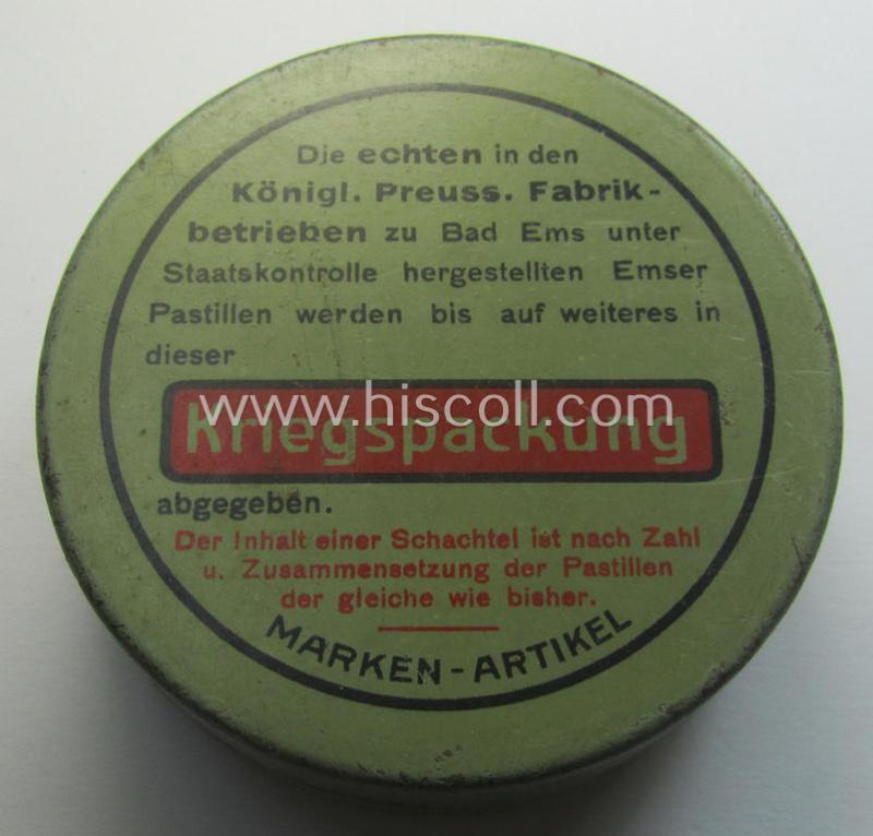 'Standard-issue'-type, (I deem) medical-related and/or colourful (albeit empty!) box 'Buchse' (ie. container) being an undamaged example that shows the text: 'Emser Pastillen - Kriegspackung'