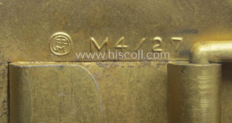 'Virtually mint', 'N.S.D.A.P.'- (ie. 'politischen Leiter'-) related bright golden-toned- and/or aluminium-based belt-buckle being a maker- (ie. 'RzM' - 'M4/27'-) marked example that comes in a hardly- even never used- nor worn, condition