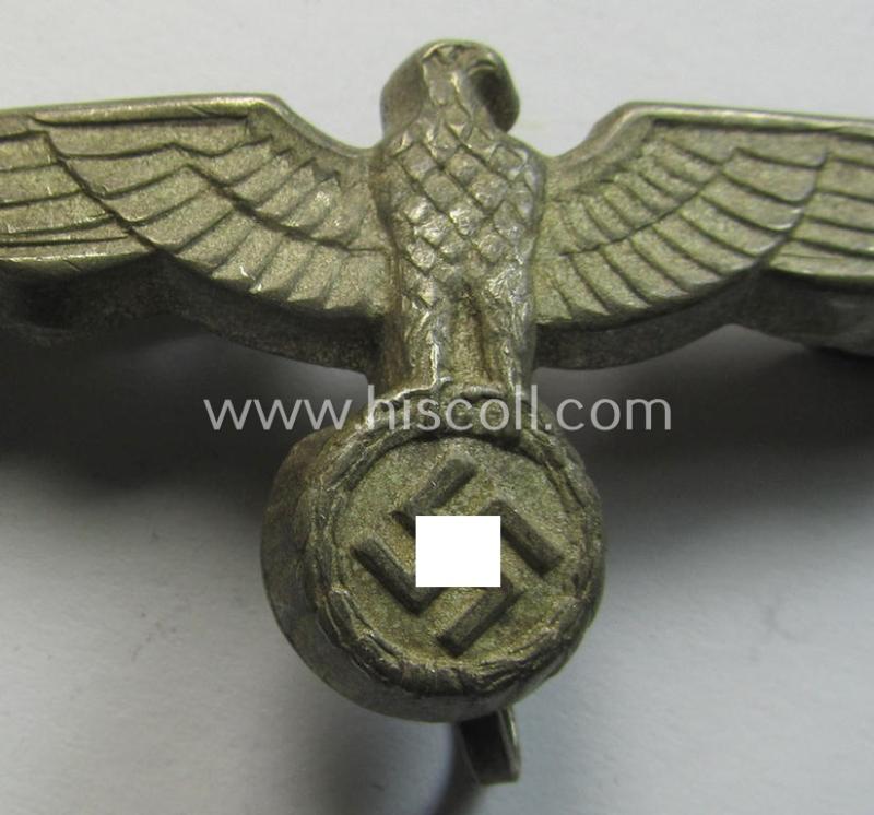 Neat, WH (Heeres) tarnished silver-toned (ie. 'Buntmetall'-based), EM- (ie. NCO- or officers') type visor-cap-eagle being a non-maker-marked example that comes in a just minimally used- ie. once cap-attached, condition