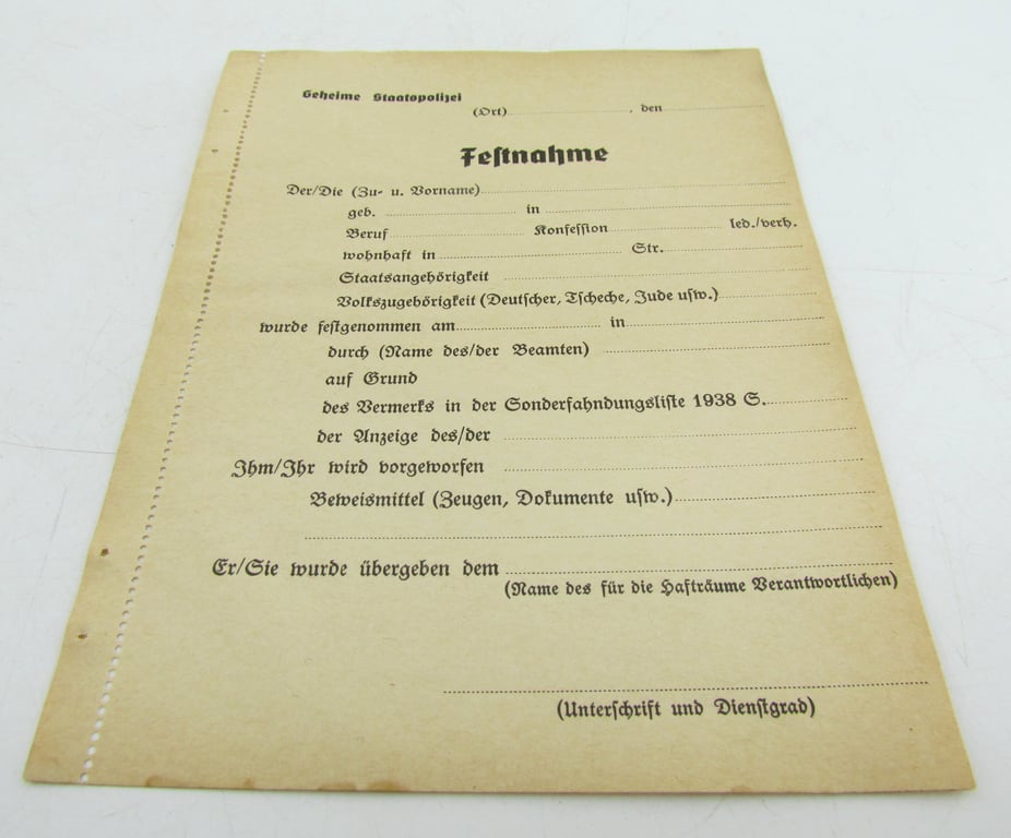 Blank Gestapo Arrest Report Form (Festnahme)