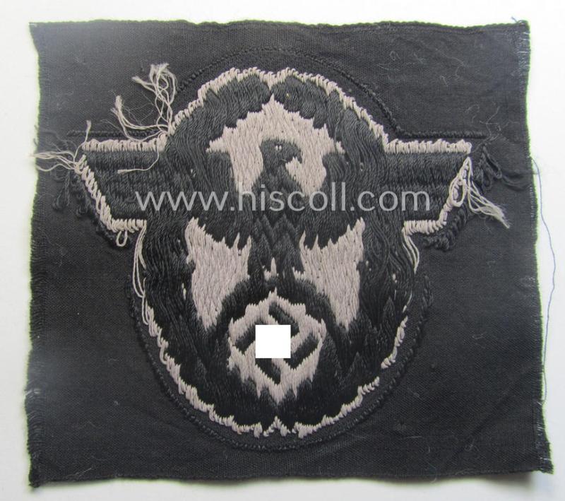 Police- (ie. 'Polizei- o. Panzer'-) related armbadge (ie. arm-eagle) being a typical 'BeVo'-woven example (as was specifically produced for usage onto the black-coloured, 'wrap-around'-styled Panzer-tunics)