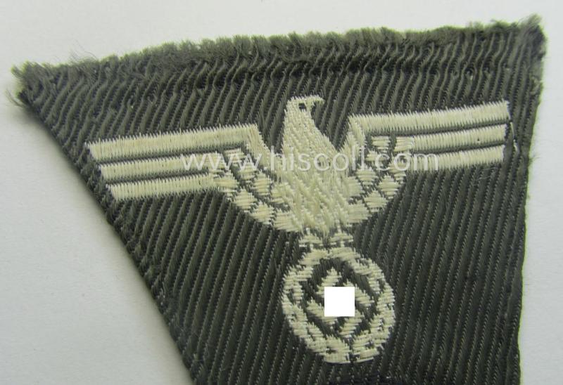 'Foreign-produced' (!) WH (Heeres) related, so-called: 'M43-pattern'-cap-trapezoid (ie. 'Mützentrapez') as executed in machine-woven- (ie. BeVo-like-) pattern onto a typical greenish-/field-grey-coloured- and/or linnen-based background