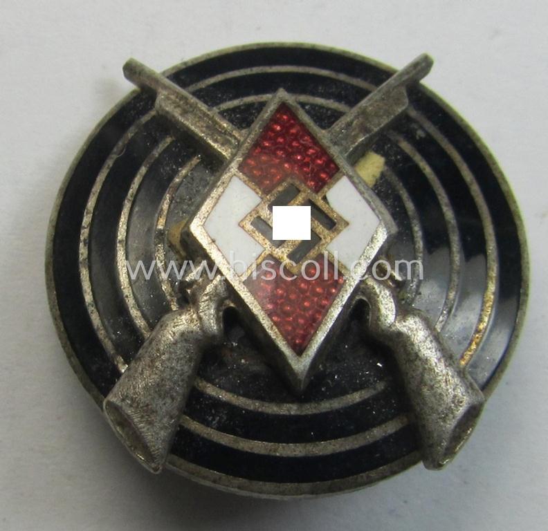 Nicely preserved - and just moderately used ie worn! - HJ ('Hitlerjugend') so-called: 'HJ-Schiessauszeichnung' (or: HJ shooting- ie. marksmans'-badge) being a nicely maker- (ie. 'RzM - M1/14'-) marked example