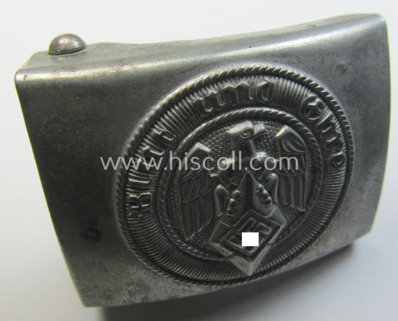 Attractive, HJ (ie. 'Hitlerjugend') silver-coloured- (ie. typically steel-based and 'off-factory'-polished) belt-buckle being a neatly maker- (ie. 'RzM M4/110'-) marked example that comes in a just moderately used- ie. worn condition, as found
