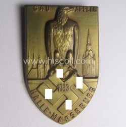 Commemorative, golden-bronze-toned N.S.D.A.P.-related day-badge (ie. 'tinnie') as issued...