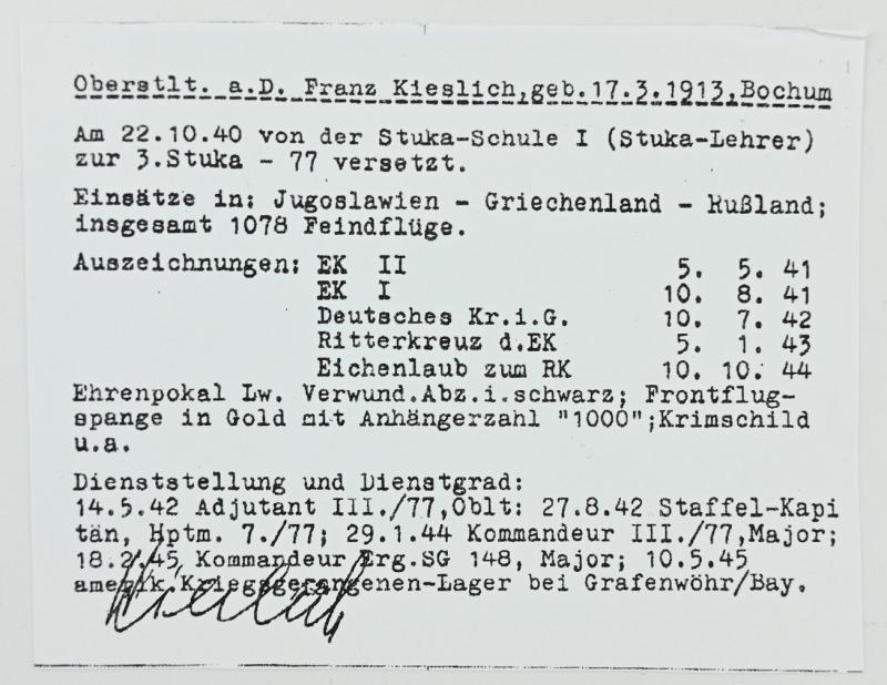 Singnature of LW Knight's Cross with Oakleaves Recipient Franz Kieslich