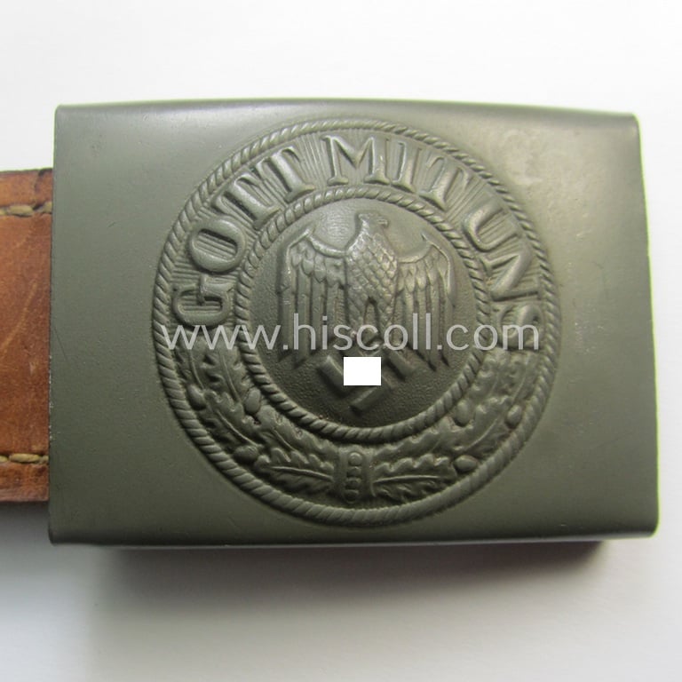 Superb - and 'virtually mint'! - WH (Heeres) field-grey-toned- and steel-based belt-buckle being a maker- (ie. 'H.A. 42'-) marked example that comes mounted onto its: 'H. Arld - Nürnberg'-marked and/or: '1942'-dated tab