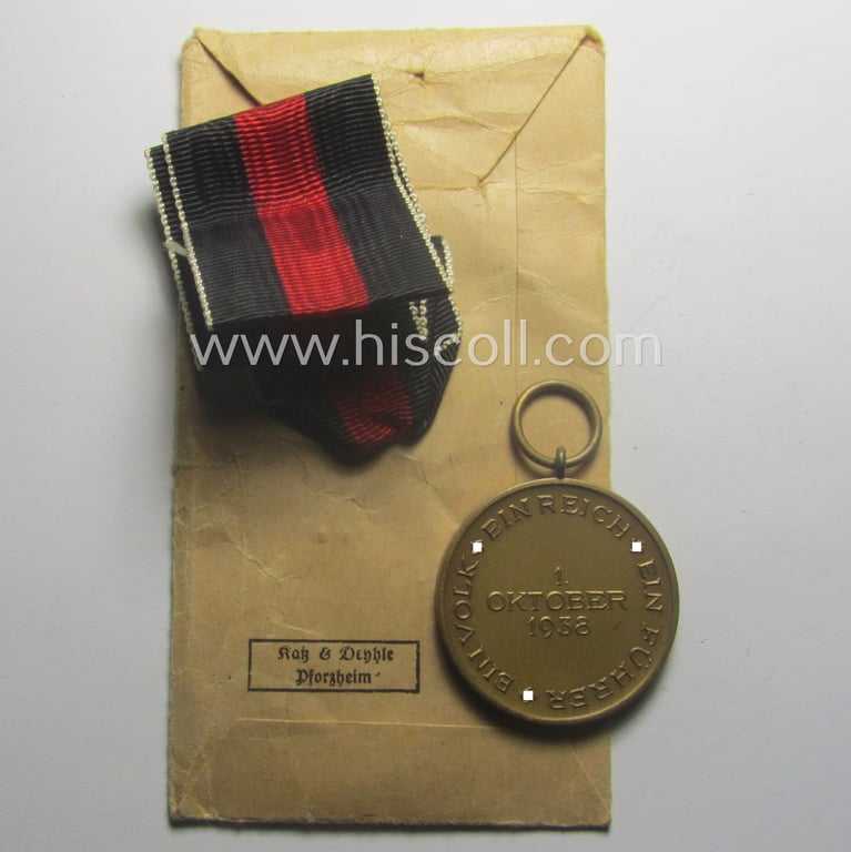 WH Czech-occupation- (ie. 'Anschluss'-) medal: '1. Oktober 1938' that comes stored in its period pouch by the maker: 'Katz & Deyhle - Pforzheim'