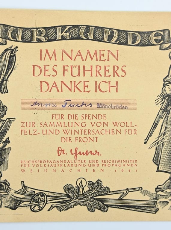German Third Reich Front Collection Certificate