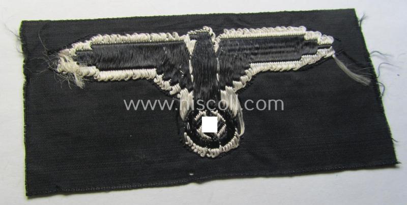 Superb, mid- (ie. later-war-) pattern, 'SS' (ie. 'Waffen-SS') so-called: 'BeVo-weave-style', enlisted-mens'- ie. NCO-pattern arm-eagle (ie. 'Ärmeladler für Mannschaften u. Unteroffiziere') as was intended for usage by the various Waffen-SS t...