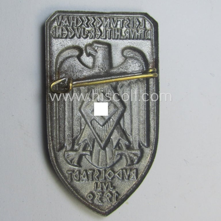 HJ o. DJ-related 'tinnie' ie. 'Veranstaltungsabzeichen' being a non-maker-marked example showing a: 'Reichsadler u. HJ-Raute' and (Gothic-styled) text: 'Leistungsschau d. Thür. Hitler-Jugend - Rudolstadt - Juli 1939'