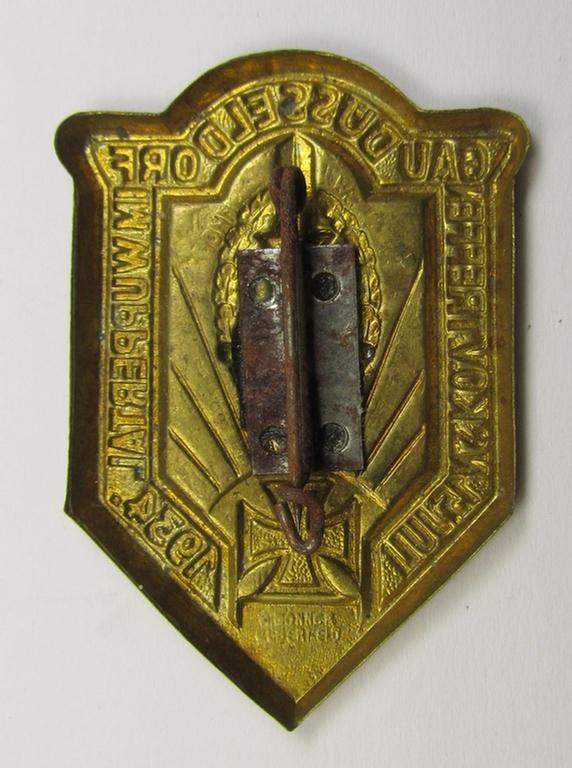 Commemorative golden-bronze-toned and/or tin-based: 'N.S.K.O.V.'-related 'tinnie' being a maker- (ie. 'A. Bonner - Elberfeld'-) marked example showing the text: 'N.S.K.O.V.-Treffen - Gau Düsseldorf im Wuppertal - 15. Juli 1934'