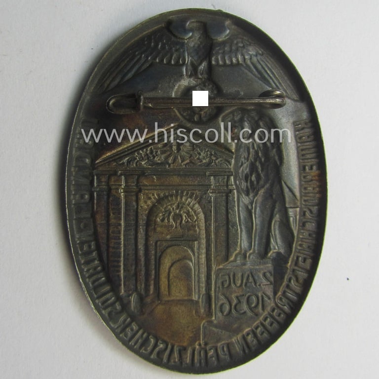 Commemorative, golden-bronze-toned and/or tin-based: 'N.S.K.O.V.'- (ie. veteran-) related 'tinnie' being a non-maker-marked example showing the text: 'Kameradschaftstreffen Pfälzischer Soldaten - Landau - 2. Aug. 1936'