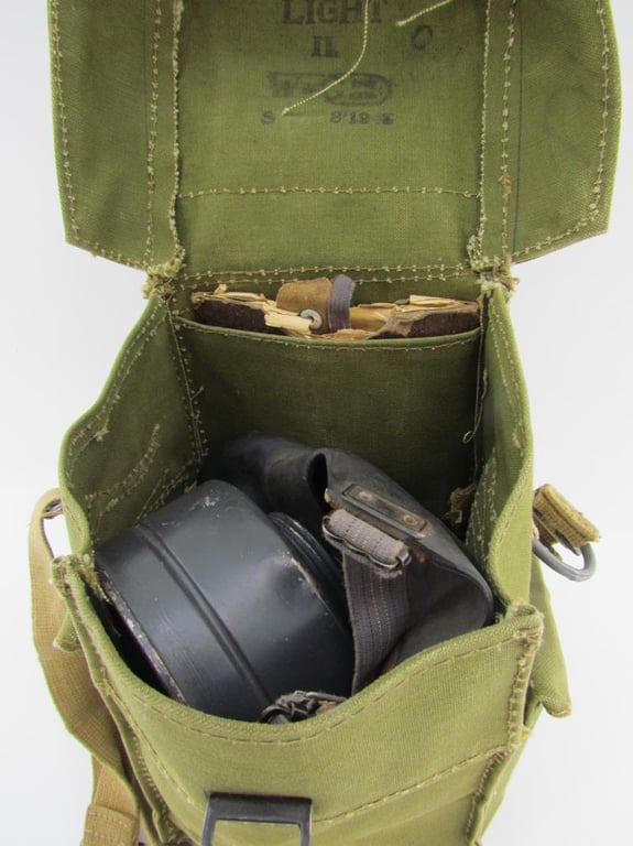 British WWII second model Gasmask Bag + Mask + contents 1943