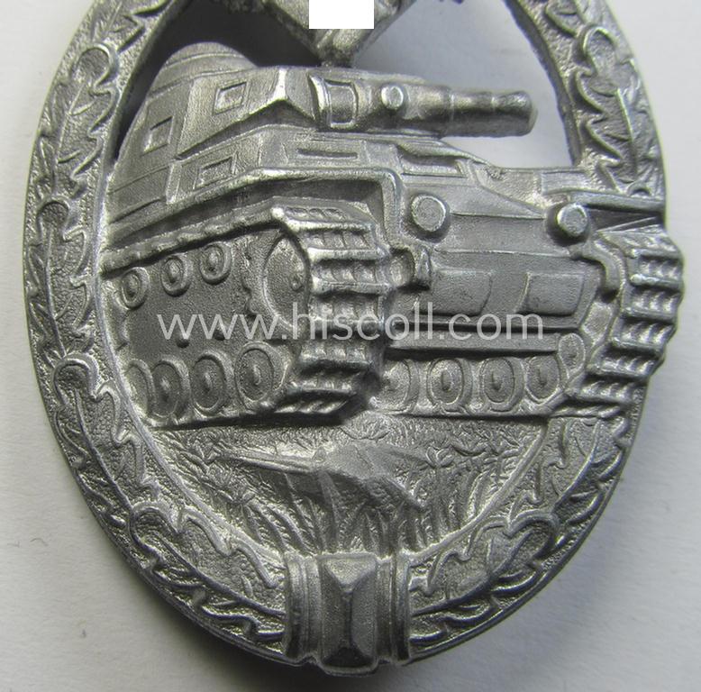 Superb, 'hollow-back' 'Panzerkampfabzeichen in Silber' (or: silver-class panzer-assault badge or PAB) being a clearly maker- (ie. 'A'-) marked- and/or typical zinc- (ie. 'Feinzink'-) based specimen as was procuced by the: 'Assmann'-company