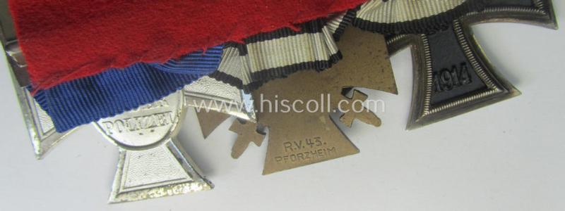 3-pieced 'WWI'- (ie. TR-/Polizei) related medal-bar (ie. 'Ordenspange') resp. depicting a WWI-period: 'EK II.Kl.', a: 'FKK 1914-18' and a: 'Polizei-D.A. 2. Stufe' (or: police loyal-service medal 2nd class)