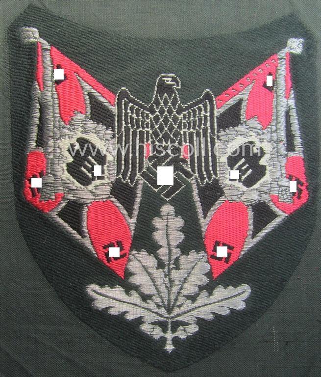 WH (Heeres), flat-wire- (ie. 'BeVo'-) woven: 'Ärmelabzeichen für Fahnenträger' as was intended for a soldier ie. NCO who served within a: 'Panzer- o. Panzerjäger-Rgts.'
