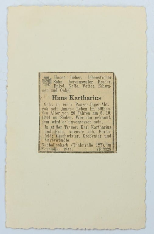 German WH Portrait Picture 'Hans Kartharius'