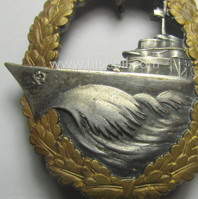 Superb - albeit moderately worn! - luxuriously-styled WH (Kriegsmarine) 'Zerstörerkriegsabzeichen' being a maker-marked example as executed in typical 'Buntmetall' as was produced by the desirable maker (ie. 'Hersteller'): 'Schwerin - Berlin'