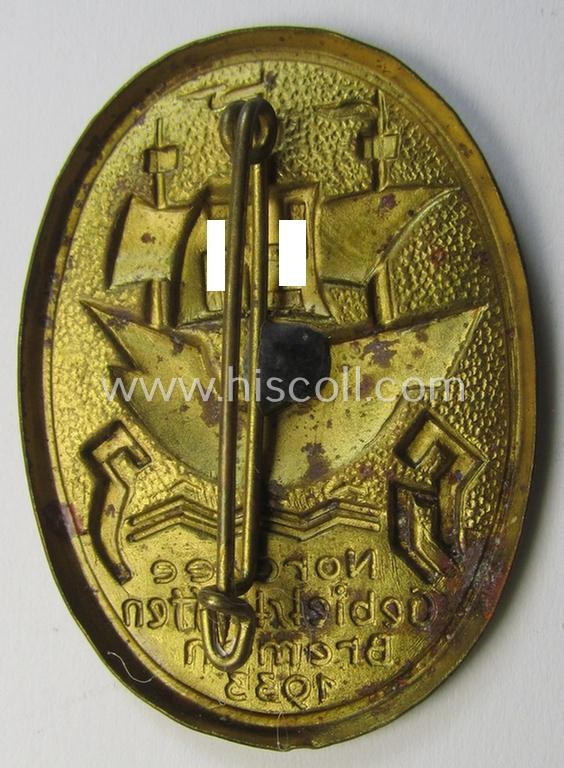 Neat - and scarcely encountered! - HJ (ie. 'Hitlerjugend'-) related 'tinnie' being a non-maker-marked example showing an old-styled ship flying a swastika-flag and text that reads: 'H.J. - Nordsee Gebietstreffen - Bremen - 1933'