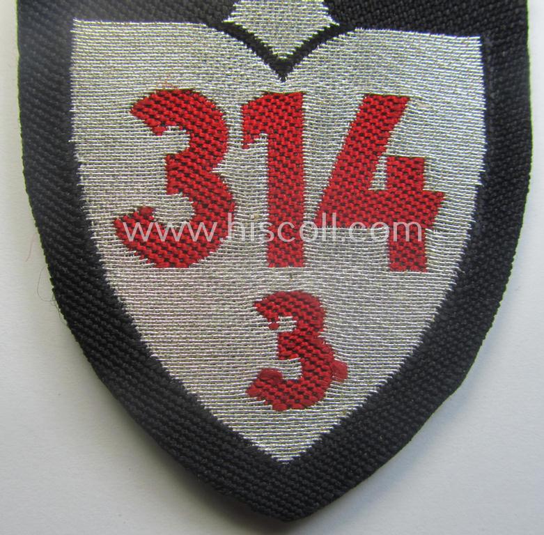 Truly used - and/or unsually confectioned! - RAD (ie. 'Reichsarbeitsdienst') officers'-pattern sleeve-badge (or: 'Dienststellenabzeichen') bearing the specialist- ie. unit-designation: '314/3'