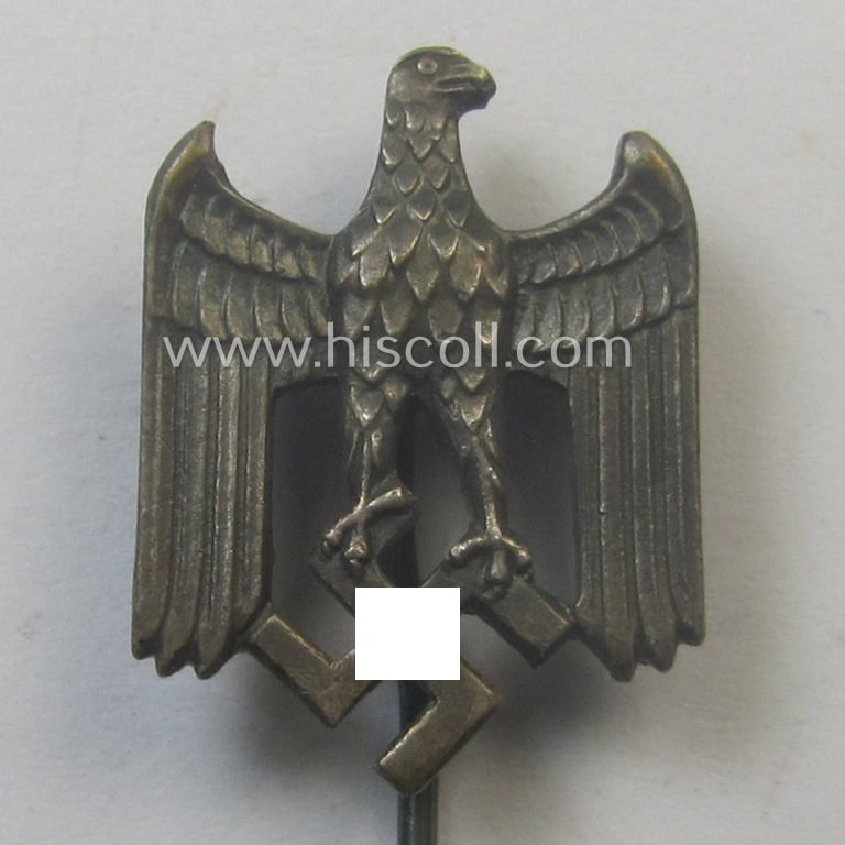 Silver-toned- (and: 'Buntmetall'-based) WH (Heeres) so-called: 'Zivilabzeichen' (or: army civil-attire badge) being a very detailed (albeit non-maker-marked) example that comes mounted onto its long-sized pin