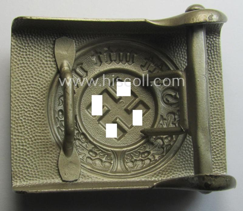 Police- (ie. 'Polizei') 'standard'-pattern, silver-toned- and nickle-based belt-buckle (ie. 'Koppelschloss für Mannschaften u. Uffz. der Polizei') being a a maker- (ie. 'C.T.D.'-) marked example