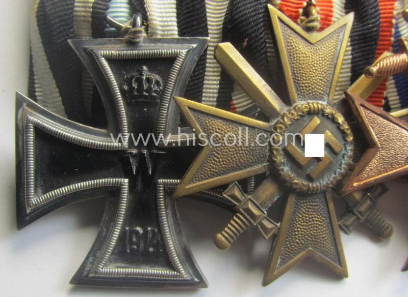 4-pieced, WWI- (ie. TR-) period medal-bar (ie.: 'Ordenspange') resp. showing a WWI-pattern: 'EKII. Kl.', a: 'KvK II.Kl. mit S.', a: 'Bayern Militär-Verdienstkreuz 3. Kl. mit Schwn.' and a: 'FKK 1914-18 mit Schwn.'