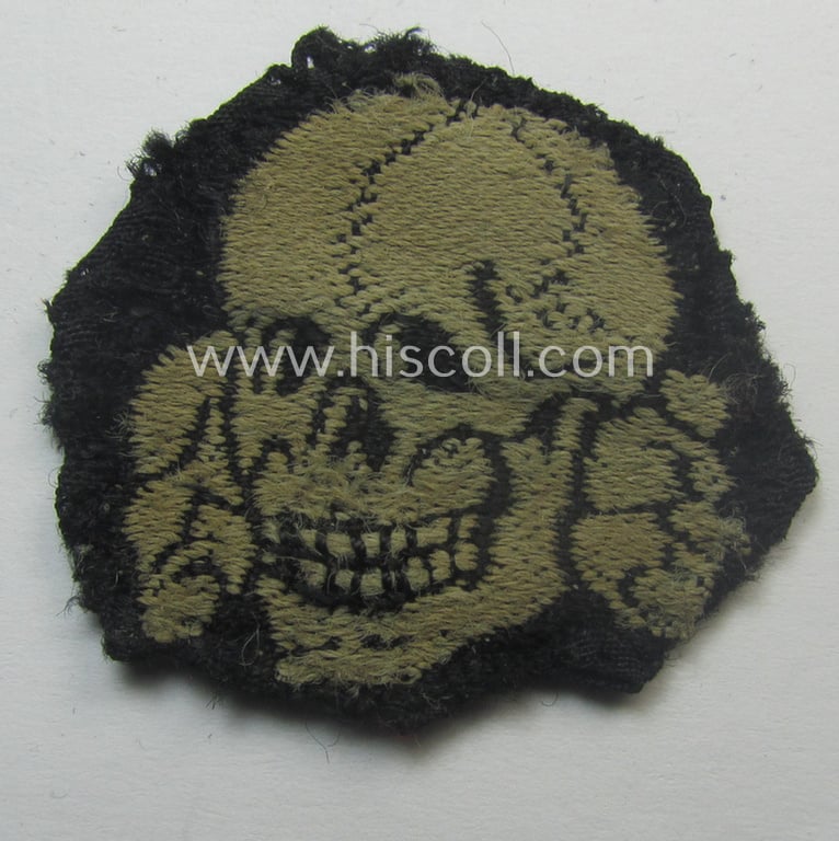Superb - and nowadays rarely encountered! - Waffen-SS, 'BeVo'-woven-style skull- and cap-eagle-set (ie. 'Totenkopf- u. Adler-Effektensatz für Schiffchen o. Einheitsfeldmütze') that comes in a moderately used- and/or cap-removed, condition