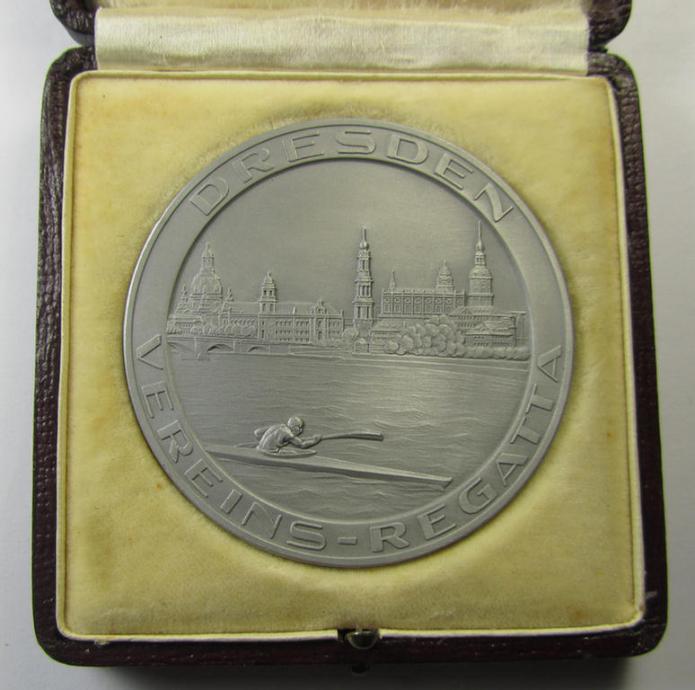 Attractive, silver-greyish-toned- (ie. 'zinc'-based) so-called: WH sports-related commemorative-plaque entitled: 'Siegerpreis 1941 - Dresden Vereinsregatta' and that comes stored in its period etui