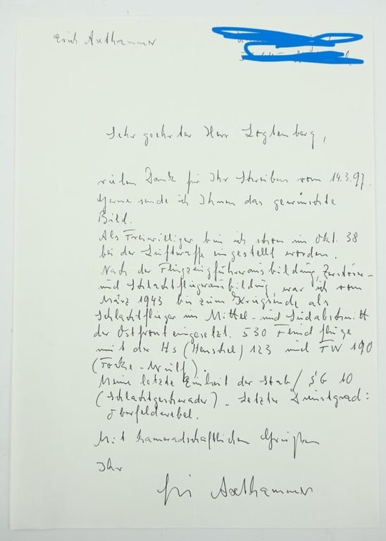 Signature of Luftwaffe KC Recipient 'Erich Axthammer'