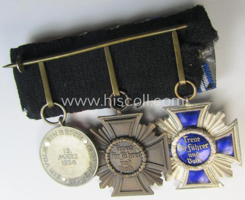 Superb, 3-pieced N.S.D.A.P.-related medal-bar (ie. 'Ordenspange') showing a: 'D.A. in Silber' (ie. '2. Stf. für 15 Jahre t.D.'), a: 'D.A. in Bronze' (ie. '3. Stf. für 10 Jahre t.D.') and an: Austrian 'Anschluss'-medal