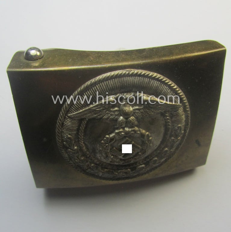 Neat and typically regular-sized! - example of a pre-war-period, SA (ie. 'Sturmabteilungen') copper- (ie. 'messing'-) based belt-buckle being a 'variant'-pattern- (ie. 'two-pieced'-) specimen having a silver-toned front-plate