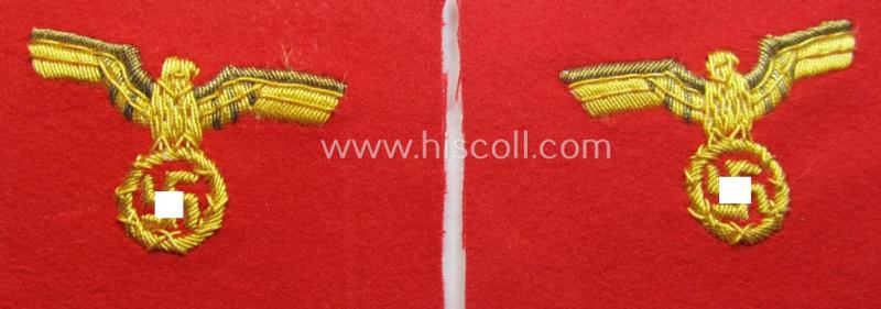 Interesting - and matching! - pair of N.S.D.A.P.-type collar-patches (ie. 'Kragenspiegel für pol. Leiter') being a pair of so-called: 'Halbfabrikate' as was intended for an official at 'Gau'-level and that comes in a clearly unfinished conditio...