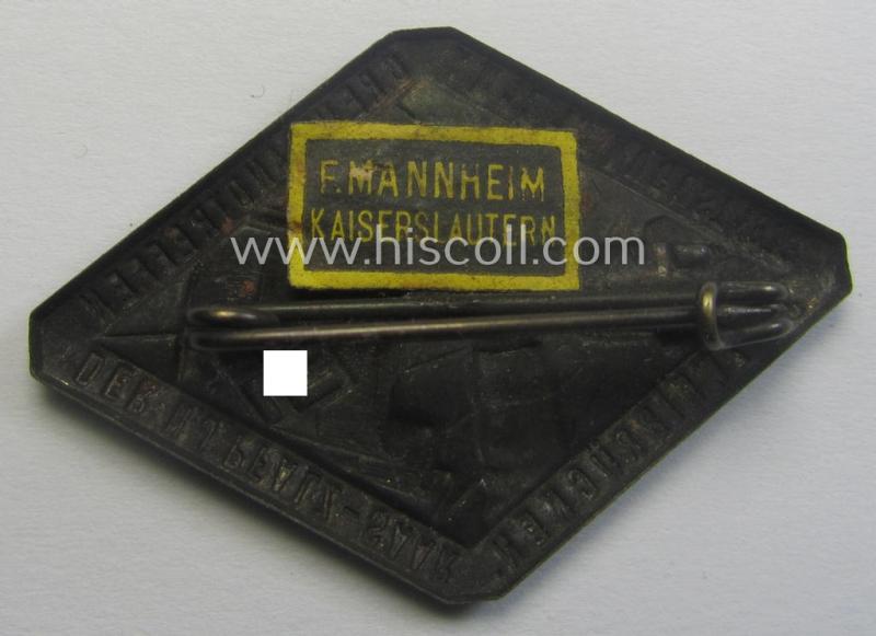 Silverish-bronze-toned, HJ (ie. 'Hitlerjugend') related 'tinnie' being a maker- (ie. 'F. Mannheim'-) marked example depicting a: 'HJ-Fahne' and text: 'Grenzlandtreffen der H.J. Pfalz-Saar - Zweibrücken am 12./13 Aug. 33'