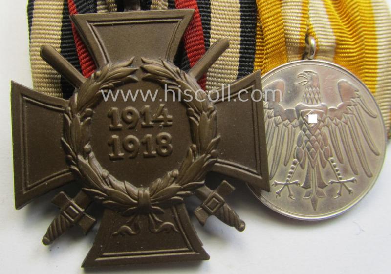 WWI- (ie. TR-) period 'Orden- o. Doppelspange' depicting a: 'Kriegsteilnehmerkreuz mit Schwn.' and a (scarcely seen!): 'Erinnerungsmedaille für Rettung aus Gefahr'
