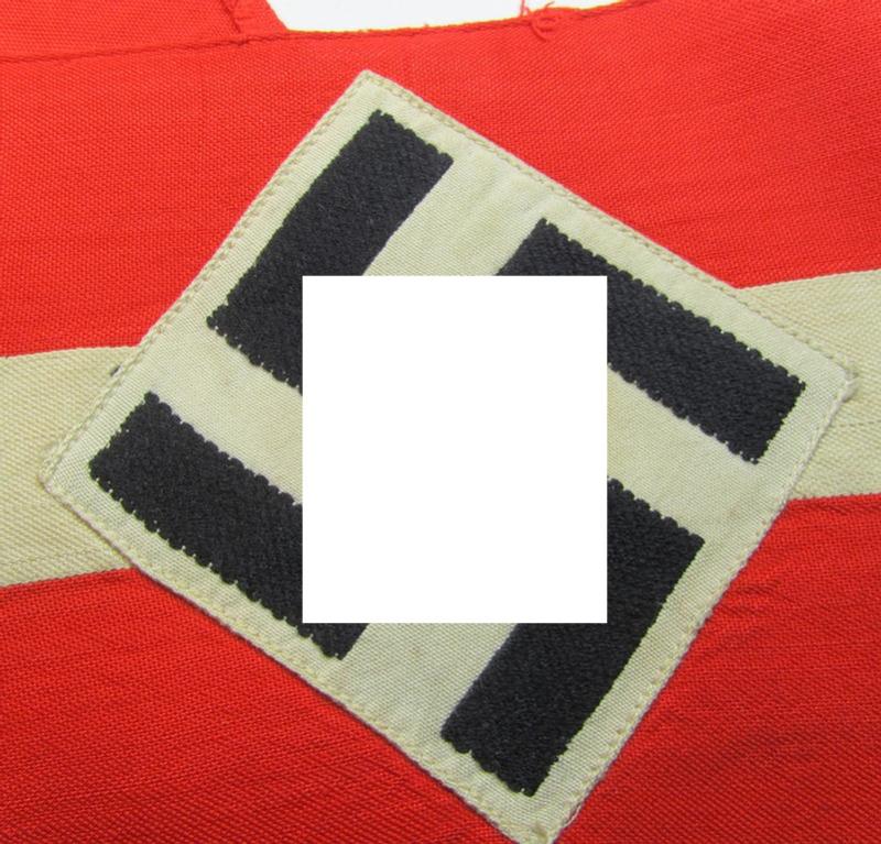 Attractive - and nowadays scarcely found! - 'standard'- (ie. entirely woven) pattern, bright-red-coloured HJ- (ie. 'Hitlerjugend'-) related armband (ie. 'Armbinde') being a moderately worn- ie. used example that regrettably misses its 'RzM'-e...