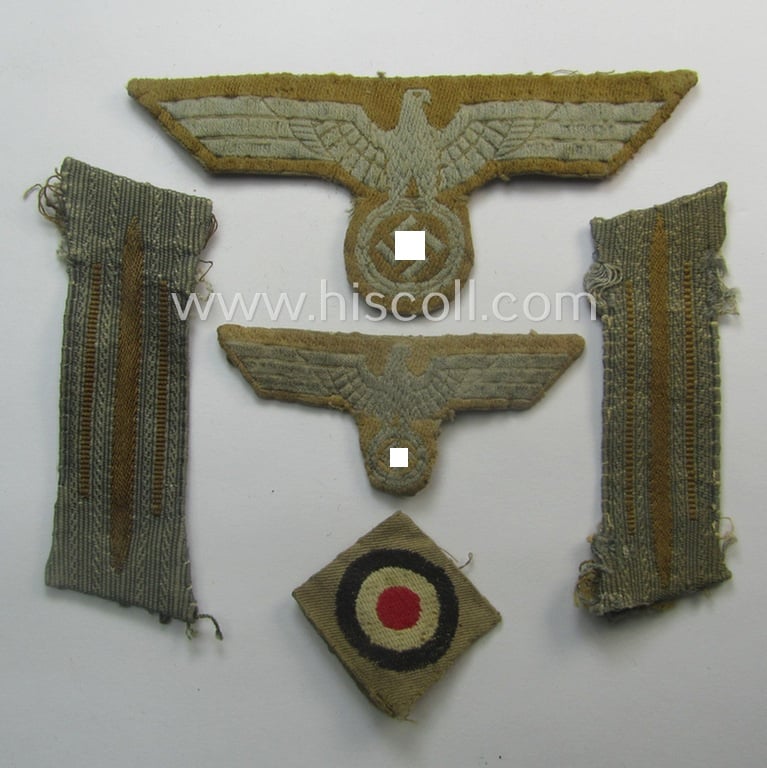Fantastic - very desirable and complete! - truly worn and carefully tunic-removed, WH (Heeres) tropical-issued (ie. DAK-related) EM-insignia-grouping as was worn by a: 'Soldat o. Gefreiter u. Mitglied einer Nachrichen-Abtls.'
