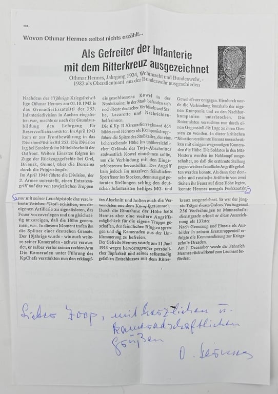 Signature of Wehrmacht Heer KC Recipient 'Othmar Hermes'