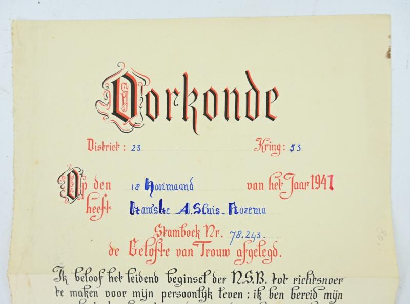 Dutch NSB Certificate 'Oorkonde Gelofte van Trouw'