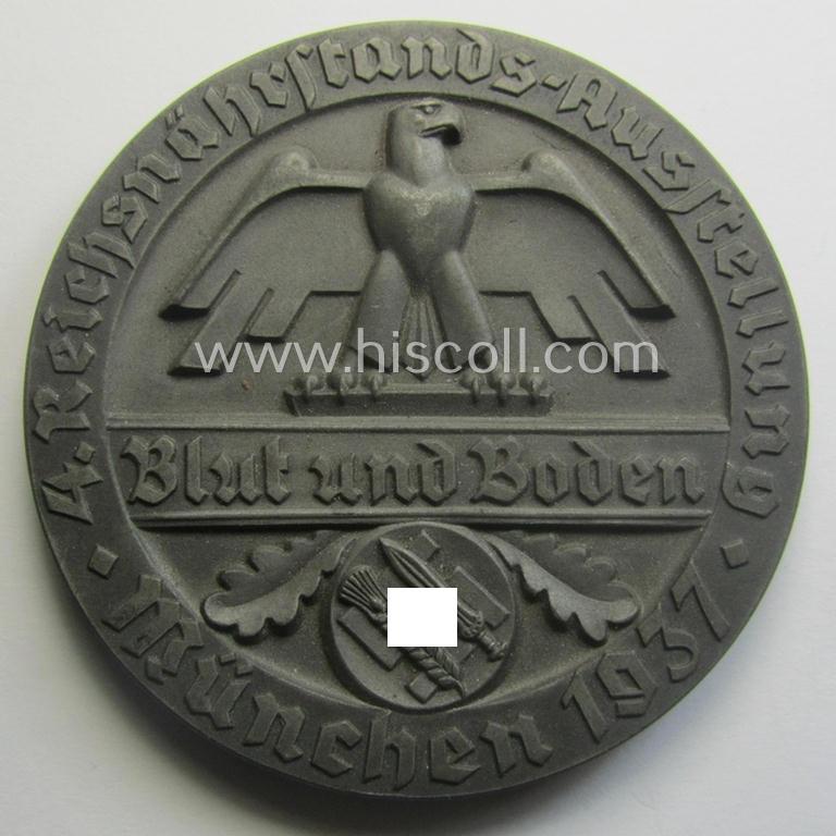 Greyish-silver-toned, 'Reichsnährstand'- (ie. 'RNSt.'-) related, commemorative-award-plaque entitled: '4. Reichsnährstands-Austellung - Blut und Boden - München 1937 - ungesalzene Butter' and that comes stored in its period etui